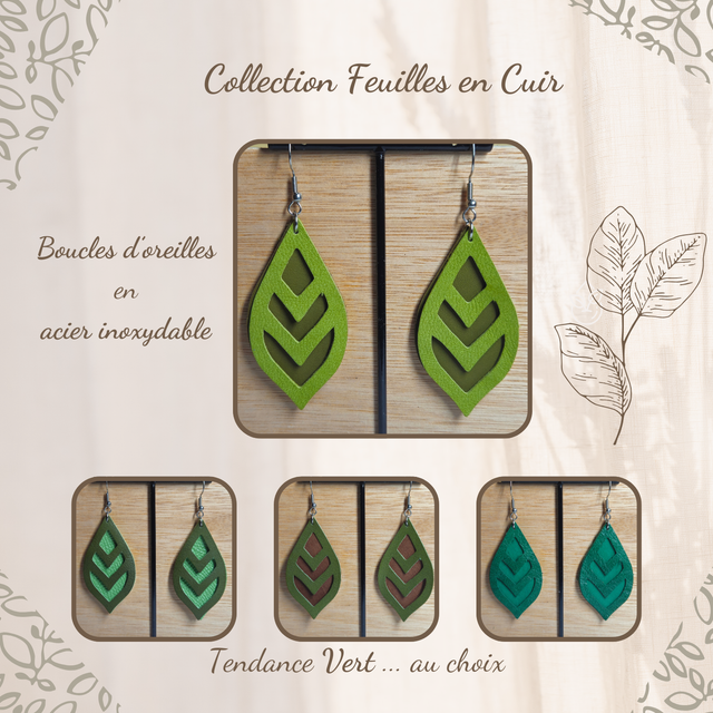 Boucles d&#039;oreilles en cuir  - Feuilles, tendance Vert ...