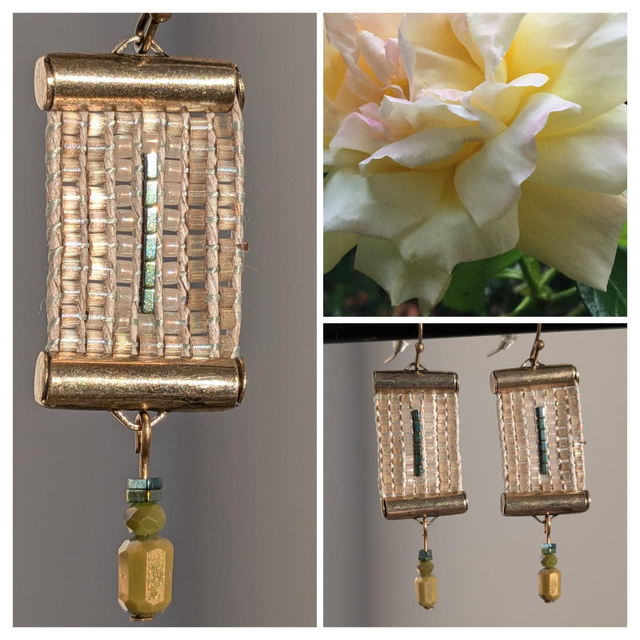 Boucles d'oreilles" tissé main"perles miyuki kaki et crème, hématite verte(pierres naturelles), pièce unique, sans nickel 