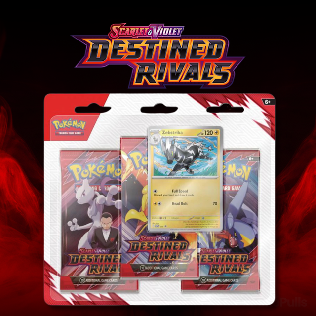 Pokémon TCG: SV10 Destined Rivals 3-Pack Blister - Zebstrika (julkaisu 30.5.2025)