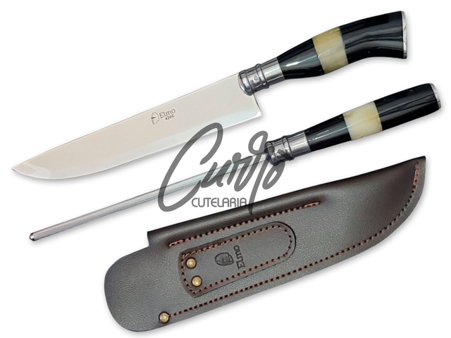 Conjunto BBQ Faca Chaira Elmo Cabo Resina Tipo Chifre Osso 9"