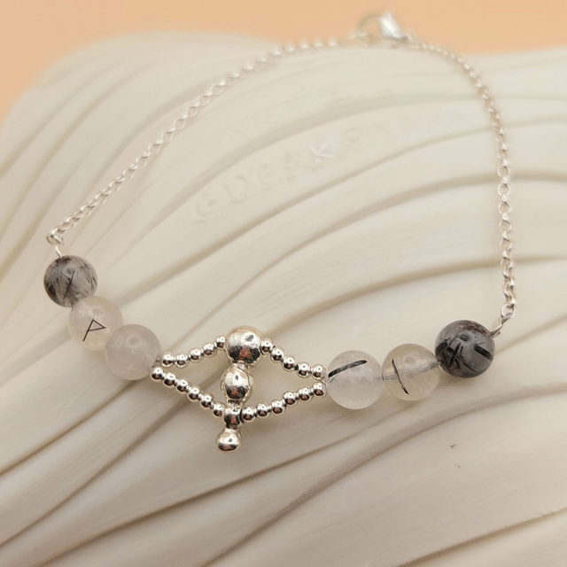 Sterling silver 3 ball silver accent with tourmalinated quartz bracelet