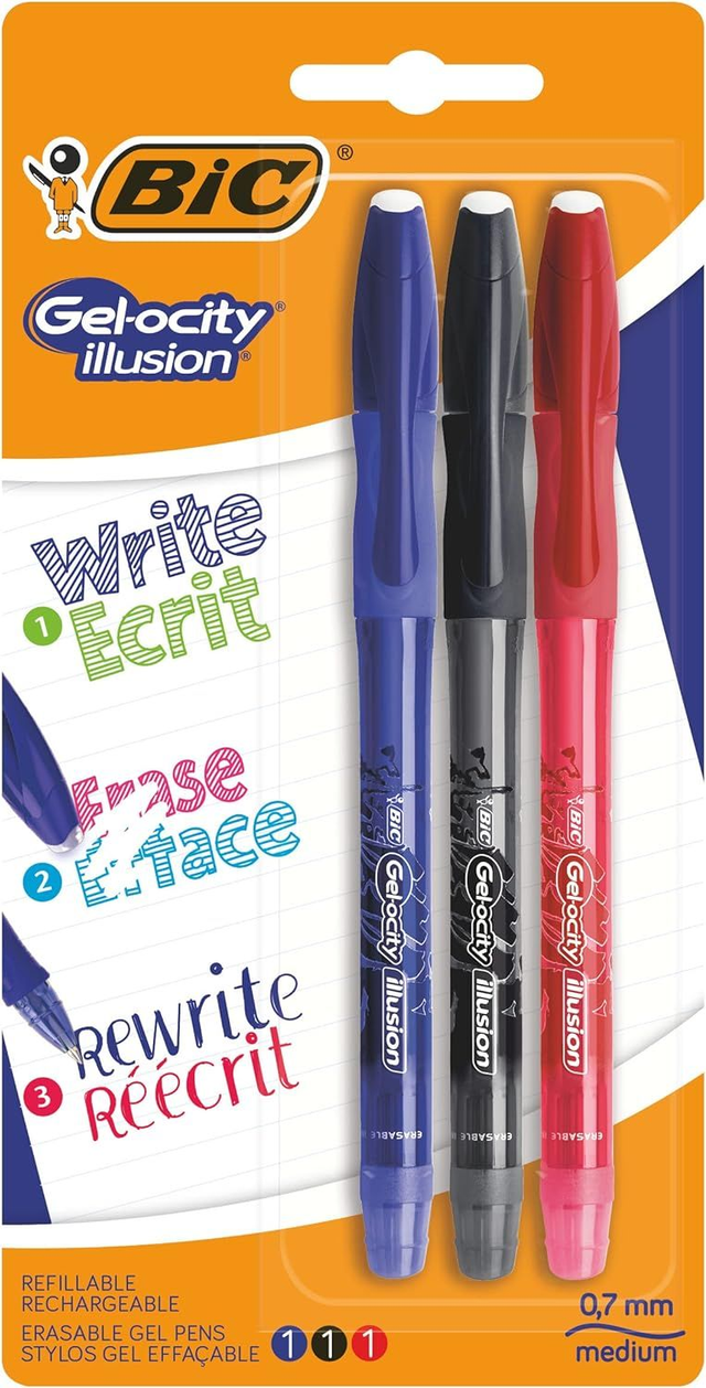 BIC Gel-ocity Illusion Stylos Gel Effaçables Pointe Moyenne (0,7 mm) - Couleurs Assorties, Blister de 3