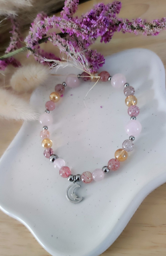 Bracelet "Épanouissement et Joie" Quartz fraise et Quartz rose