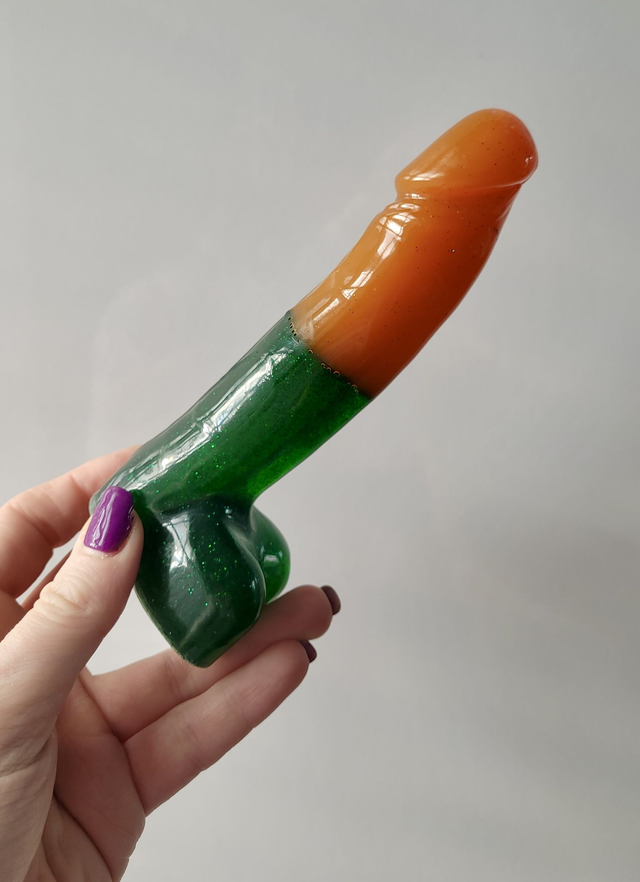 Penis Ornament - Green Glitter and Orange - Medium 15cm