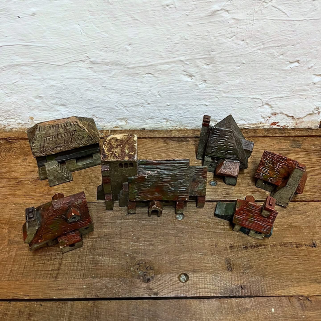 Early Handcrafted Wooden Village – Naively Scratch-Made With Original Painted Finish