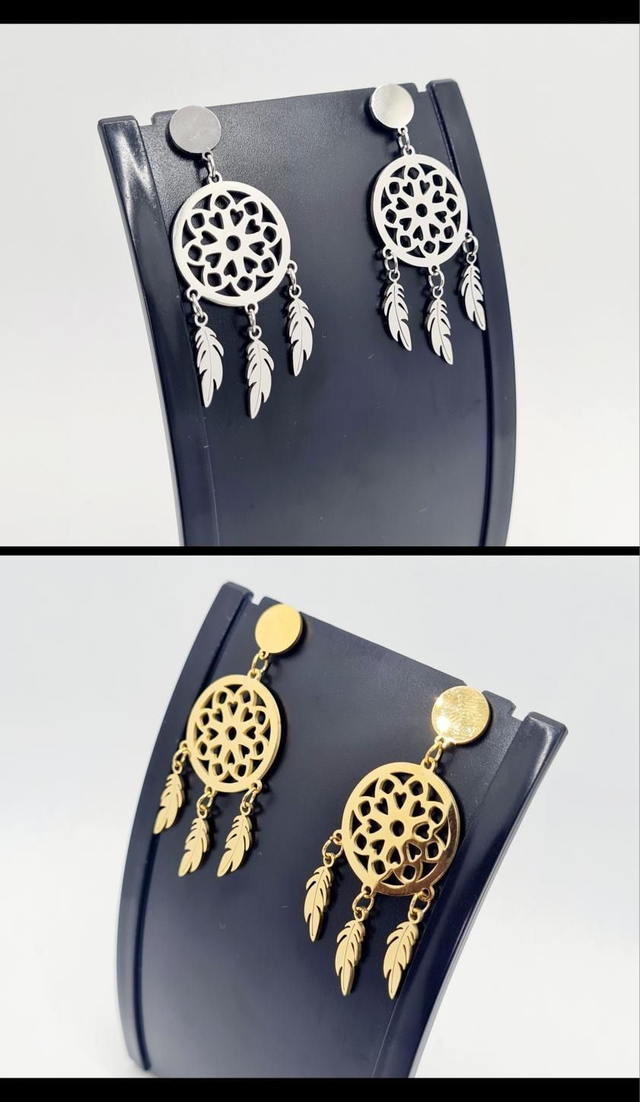 Boucles d'oreilles attrape-rêves "India" en acier inoxydable or et argent 