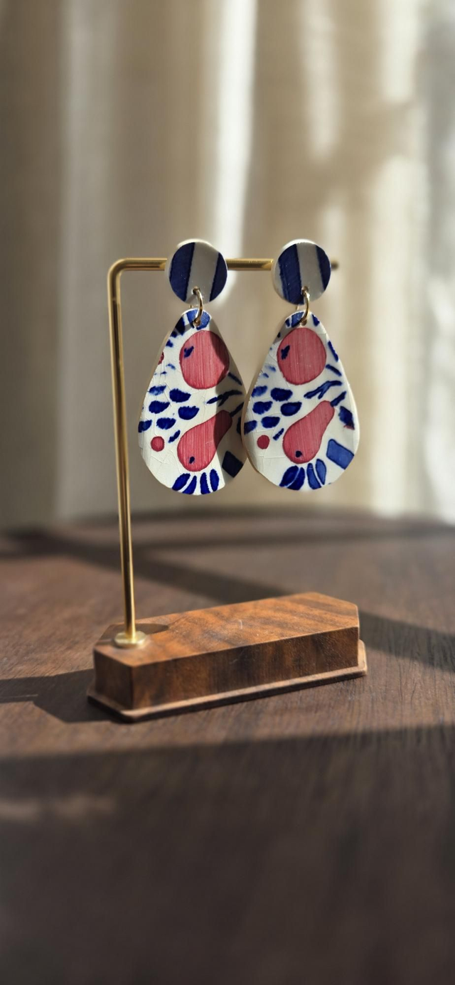 Paire de boucles d'oreilles - Faïence Gien - acier inoxydable doré 