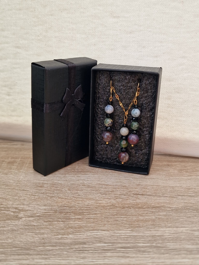 Parure Bijoux Acier Doré Agate Indienne