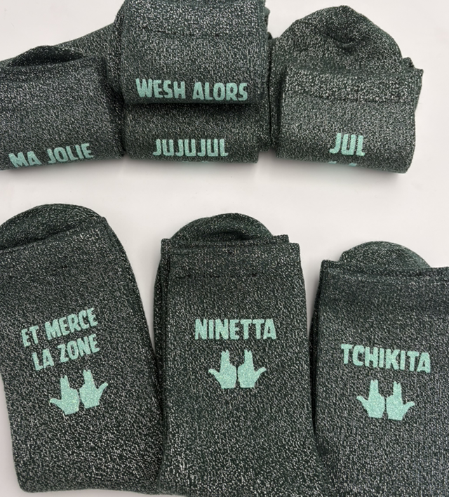 Chaussettes a pailllettes vertes JuL bleu phospho