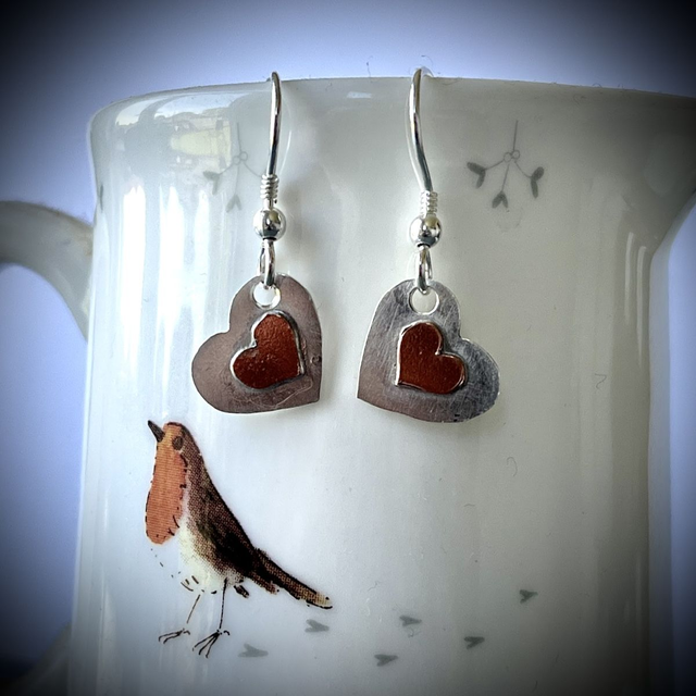 Silver and Copper Heart Earrings