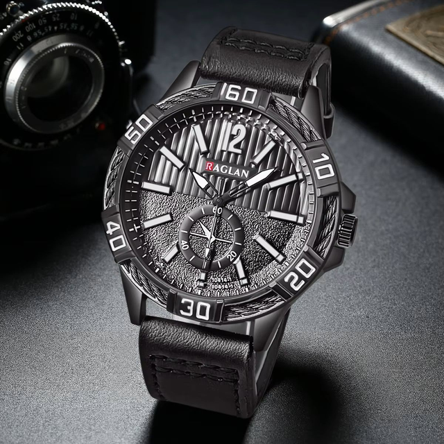 Montre à quartz avec bracelet en cuir noir pour homme