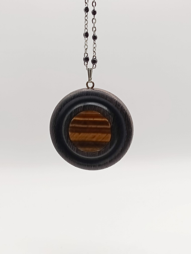 Collier, pendentif bois de Wengé, regard fauve géant en œil de tigre