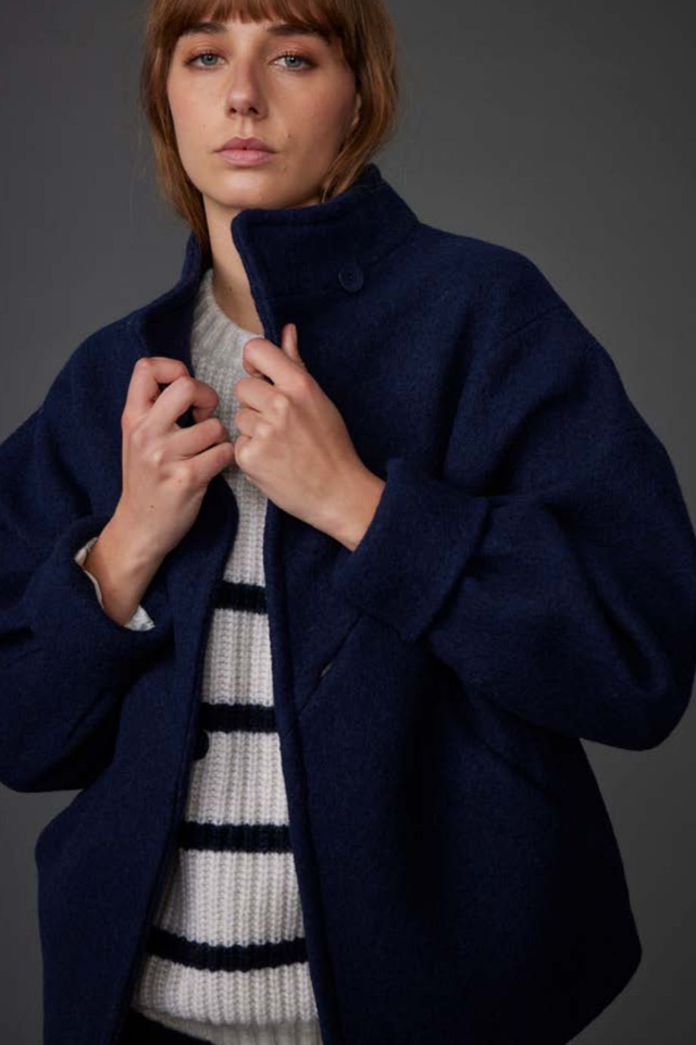Navy Wool Funnel Coat