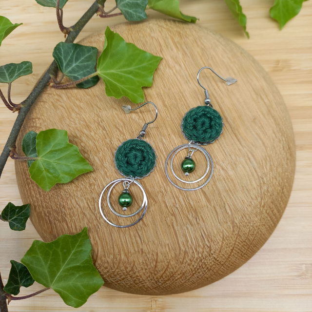 Parure verte et argentée - Boucles d'oreille vert foncé 2 anneaux