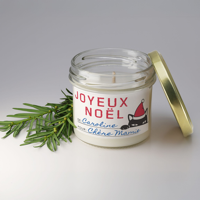 Bougie artisanale parfumée en cire de soja avec étiquette personnalisée - Cadeau pour Noël, Nouvel An, Fêtes de fin d&#039;année, 100g (CJN29)