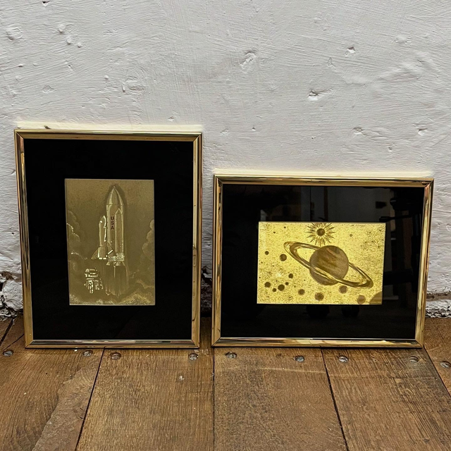 A Pair Of 1980’s Vintage Manifestations Space Optical Illusion Gold Scratch Art 