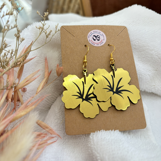 Boucles fleurs ibiscus doré/noire