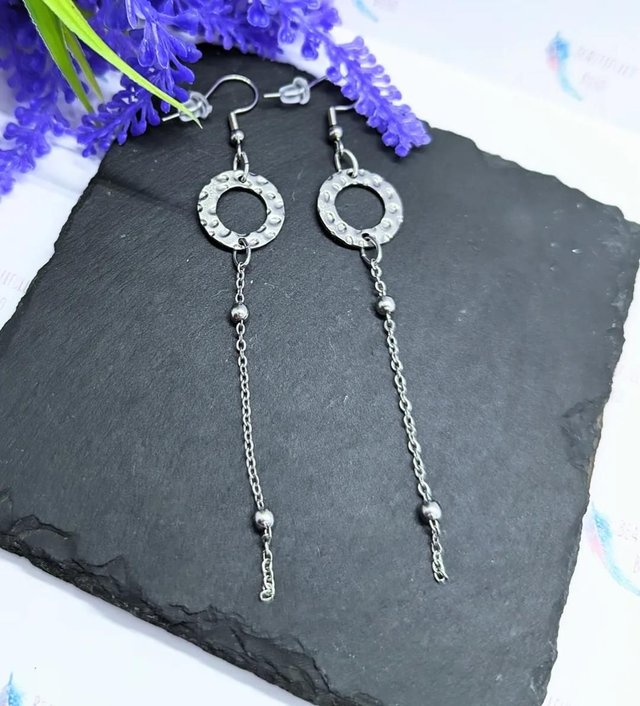 Stainless Steel Hammered Style Hoop &amp; Chain Earrings 