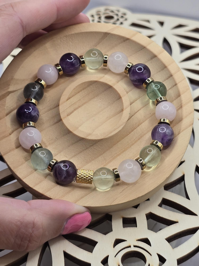 Bracelet Fluorite, Améthyste, Quartz rose 1 cm