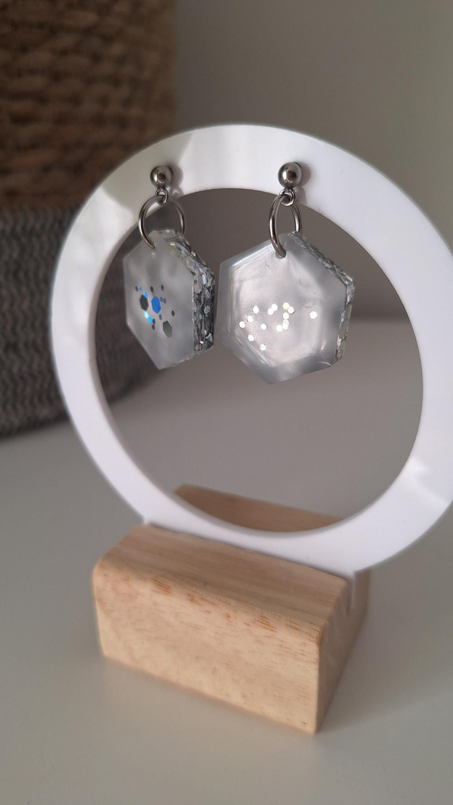 Boucles oreilles hexagonales paillettes holographiques 