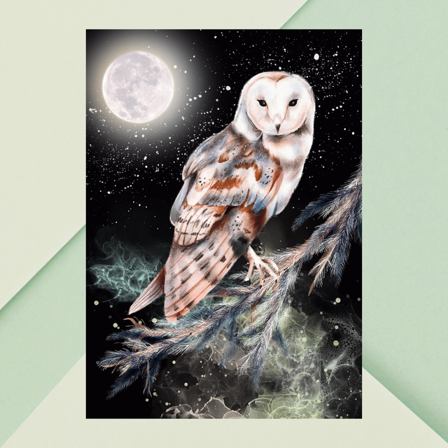 Impression Hibou sur Branche - Nuit Étoilée - Décoration Murale Nocturne / Owl on Branch - Starlit Night Print - Nocturnal Wall Decor