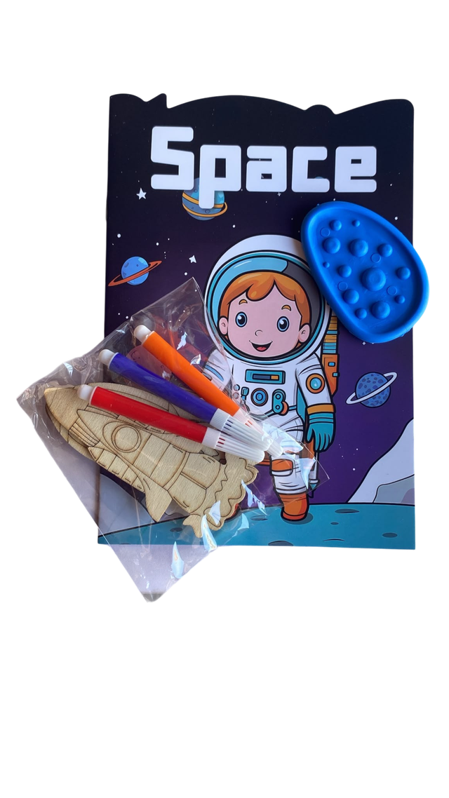 Kids Outer Space Activity Set – Wooden Rocket Craft, Markers & Sensory Pop Toy