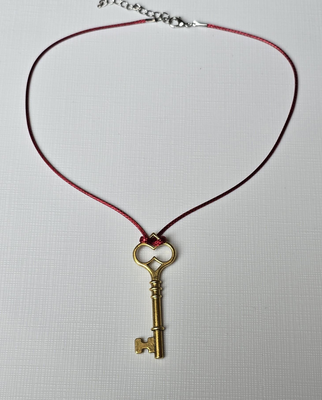 Necklace red waxed cord with large gold key
