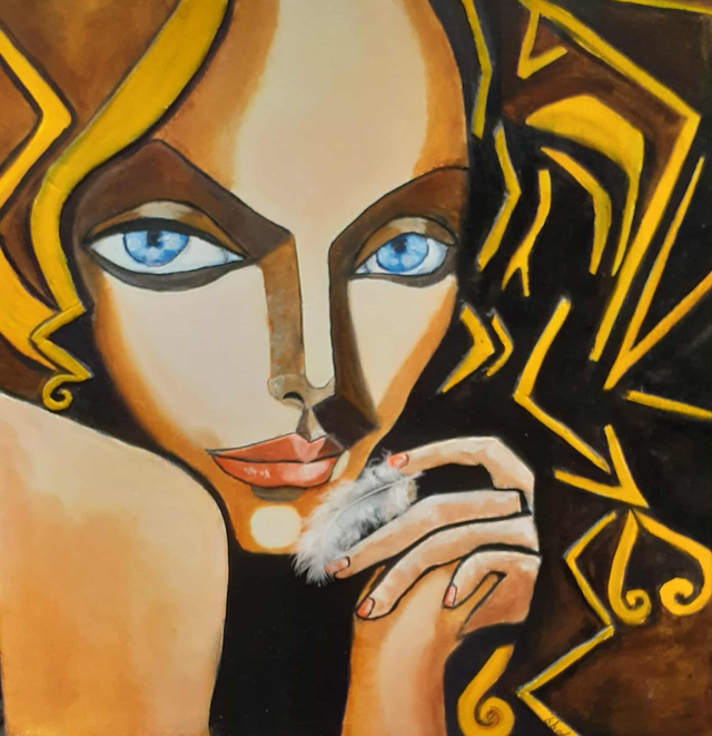Tableau "La Plume" huile sur toile et Relief