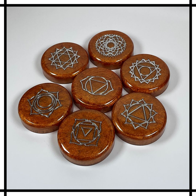 Handmade Resin Chakra Stone Set – 7 Chakra Symbols - Copper Marble & Silver Effect| Decorative Spiritual & Mindfulness Décor - CSS-009