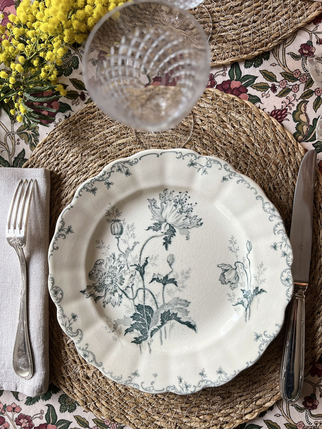 **RESERVEE** PAVOTS GRIS-VERT - Suite de 6 assiettes plates modèle Pavots par la manufacture française Choisy le Roi (H. Boulenger) - Terre de Fer