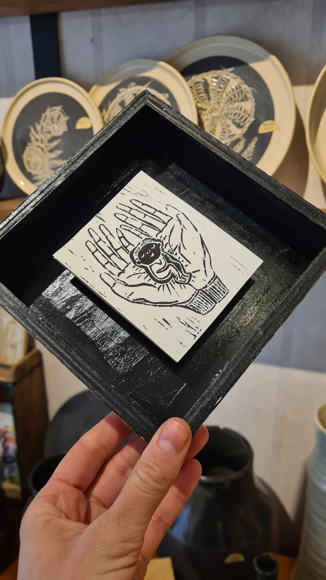 Linoldruck im Holzrahmen 16x16x4