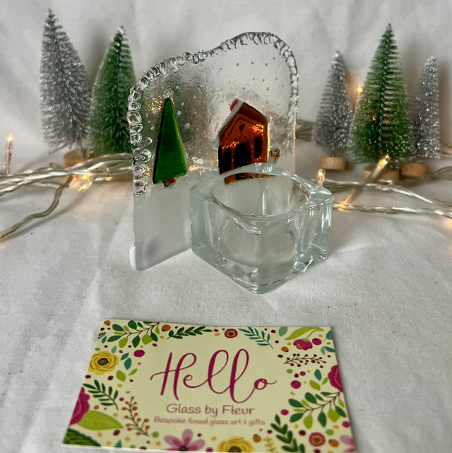 Gingerbread House Snow Scene β Fused Glass Tealight Holder