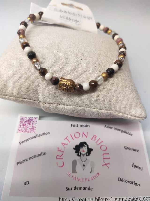 Bracelet rhodonite, howlite, oeil de tigre,  cristal de roche 