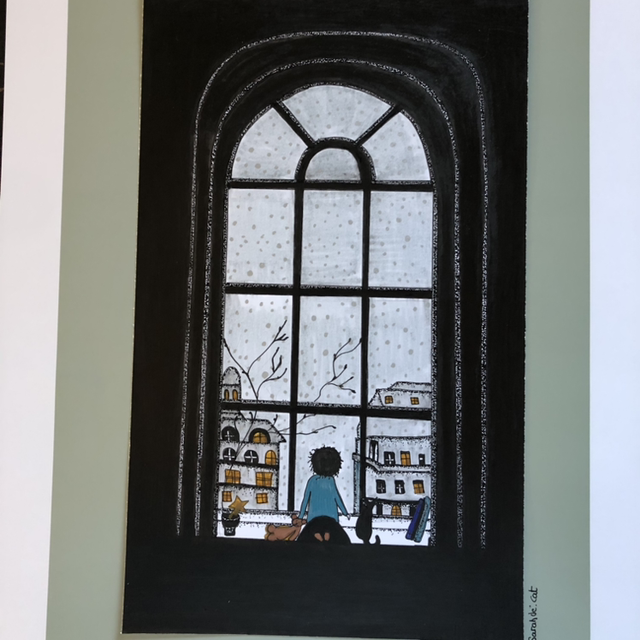 Enfant &amp; ours devant fenêtre noël - 32 x 42 cm - encadrement noir