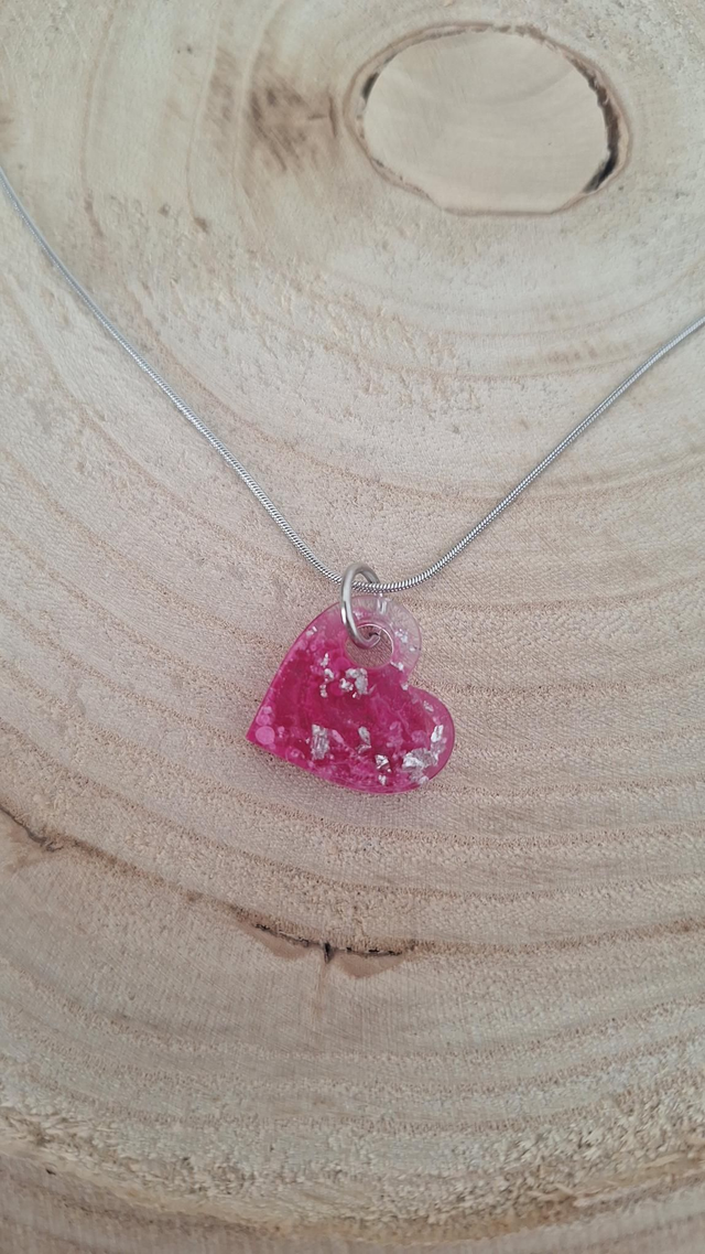 Collier argenté cœur rose/feuille argent