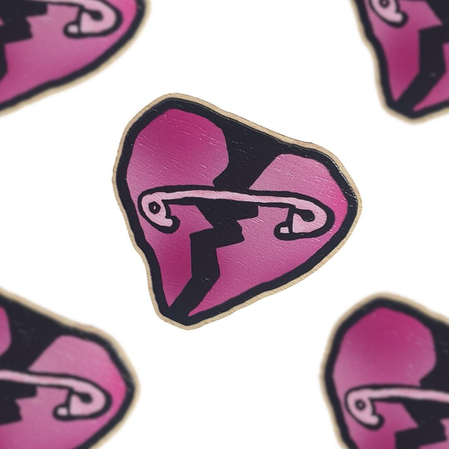 Safety Pin Heart Wooden Pin Badge