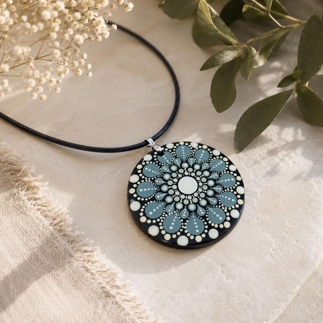Collier mandala vert en bois – Pendentif 5 cm peint à la main