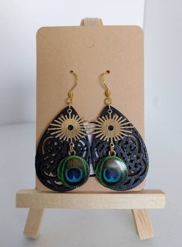✨️Boucles d'oreilles bois noir paon✨️ 