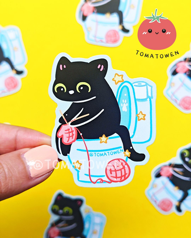 Sticker: Black cat knitting on the toilet