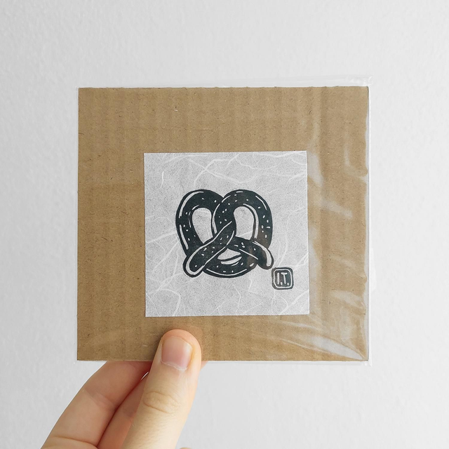 Small Pretzel Linocut Print - Handprinted Pastry Illustration
