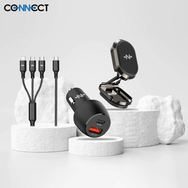 Pack Voiture CONNECT (Support Smartphone Magnétique + Chargeur Allume-Cigare + Cable 3 en 1)
