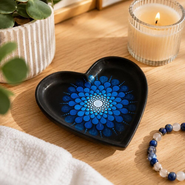 Coupelle cœur noire – Mandala bleu peint à la main – Vide-poche artisanal