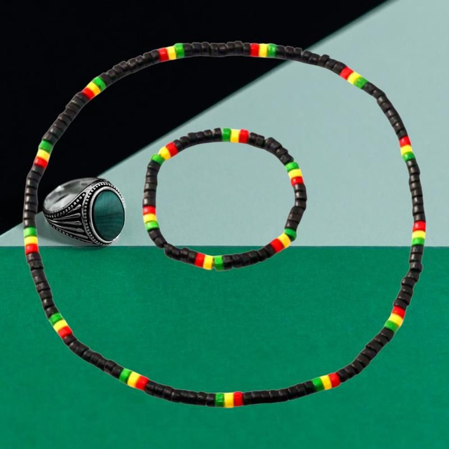 Black Beaded Necklace &amp; Bracelet Set – Red, Yellow &amp; Green Accents | Fashion &amp; Accessories
