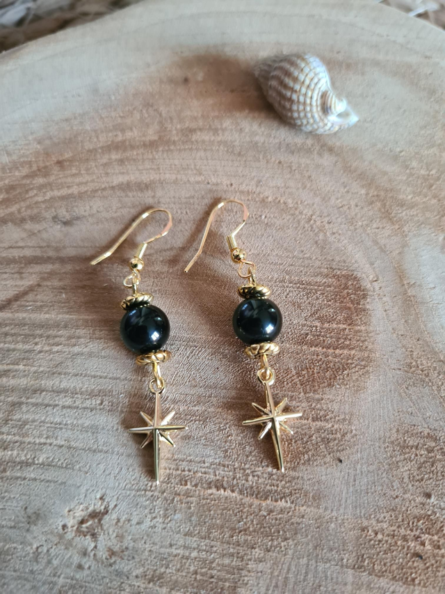 Boucles d'oreilles dorées Obsidienne Œil Céleste 