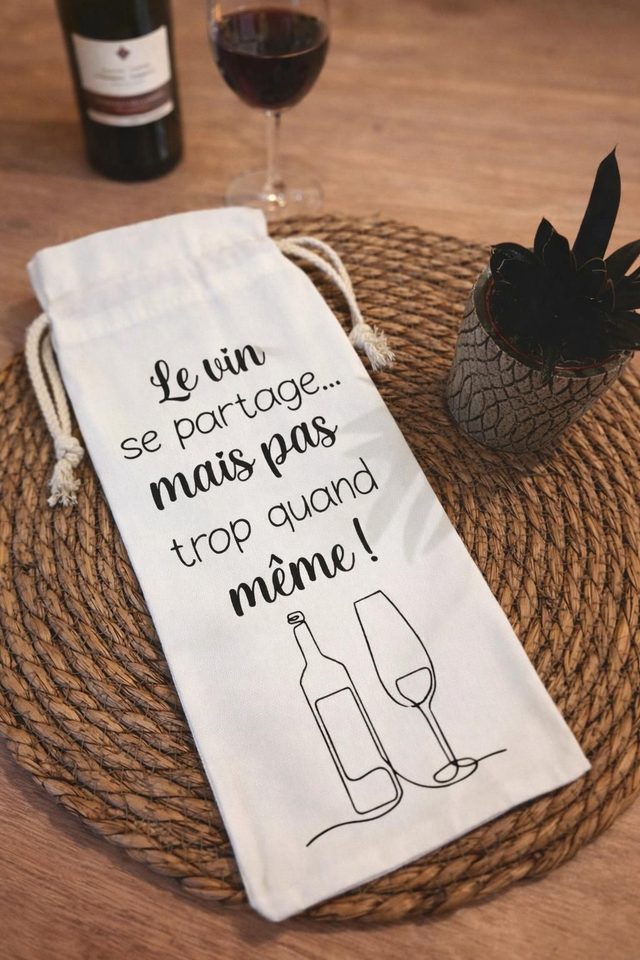 Sac à bouteille humour “Le vin se partage… mais pas trop quand même” – cadeau apéro entre amis | Ma Bulle Créative