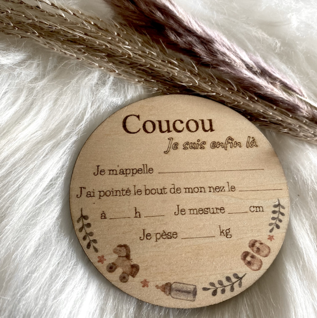 Carte de naissance en bois à remplir - Carte bébé bois modèle Coucou
