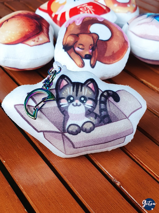 Porte-clef coussin chat tigré dans un carton