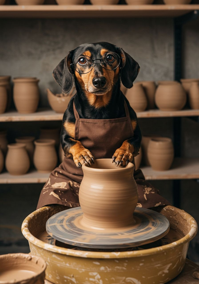Dachshund Pottery Pal Framed Canvas 