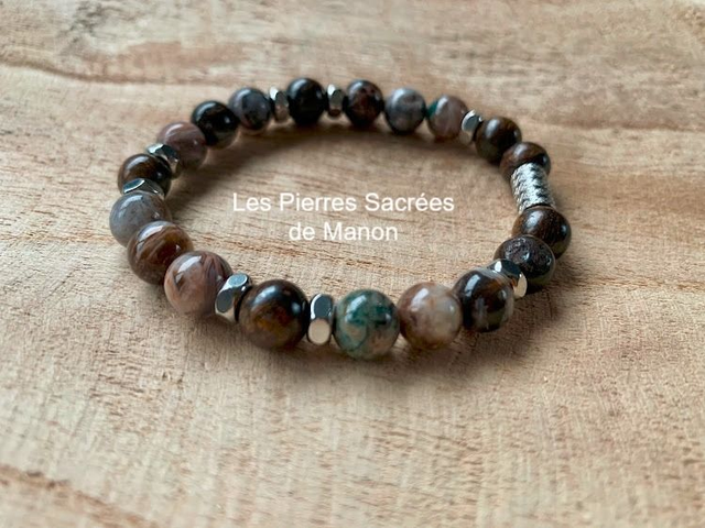 Bracelet Bronzite et Agate Bambou - Perles de 8mm