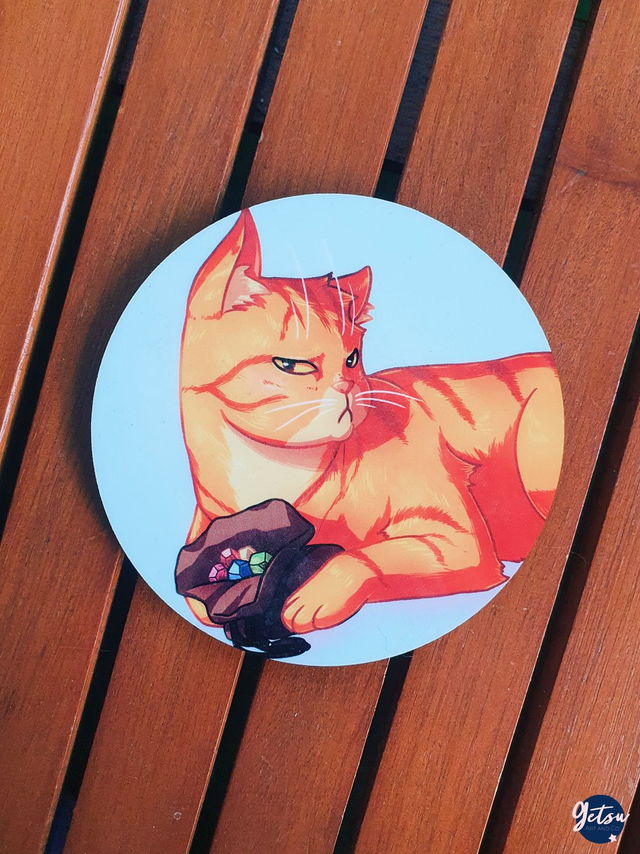 Sous-verre en bois contreplaqué, chat orange et butin